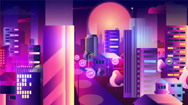 未来科技科幻霓虹灯渐变绚丽城市建筑夜景灯光插画AI/PSD设计素材100套【008】
